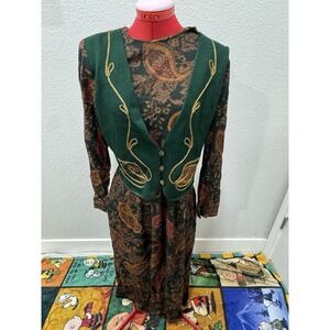 Vintage Another Thyme Paisley Vested Midi Pleated Praire Dress Green Cottagecore